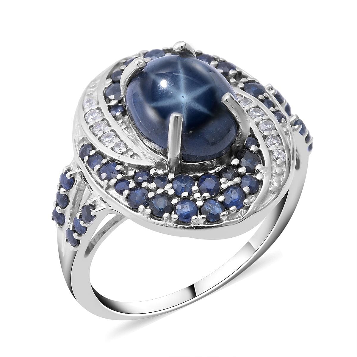 Blue Star Sapphire (DF) and Multi Gemstone 5.25 ctw Split Shank Ring in Platinum Over Sterling Silver (Size 10.0)