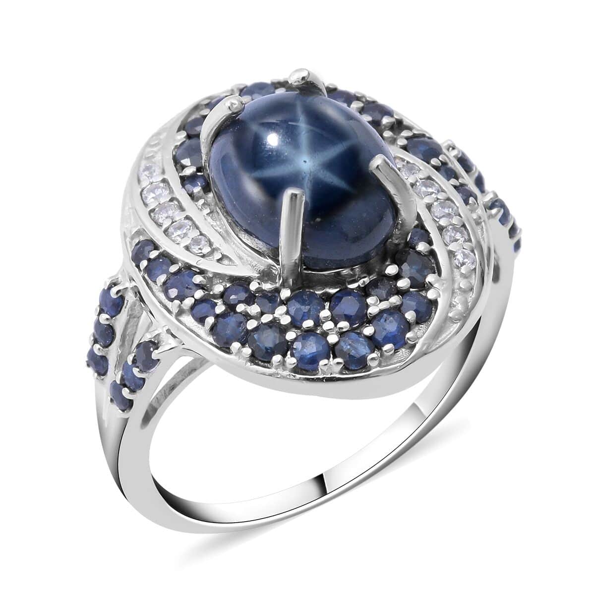 Thai Blue Star Sapphire, Multi Gemstone Split Shank Ring in Platinum Over Sterling Silver (Size 10.0) 5.25 ctw image number 0