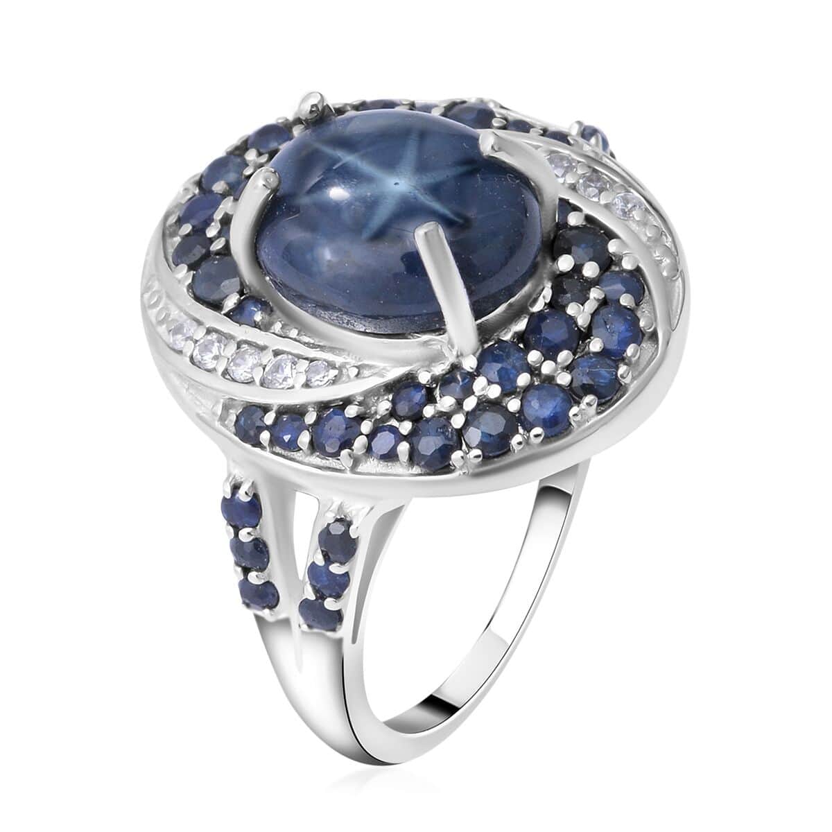 Thai Blue Star Sapphire, Multi Gemstone Split Shank Ring in Platinum Over Sterling Silver (Size 10.0) 5.25 ctw image number 2