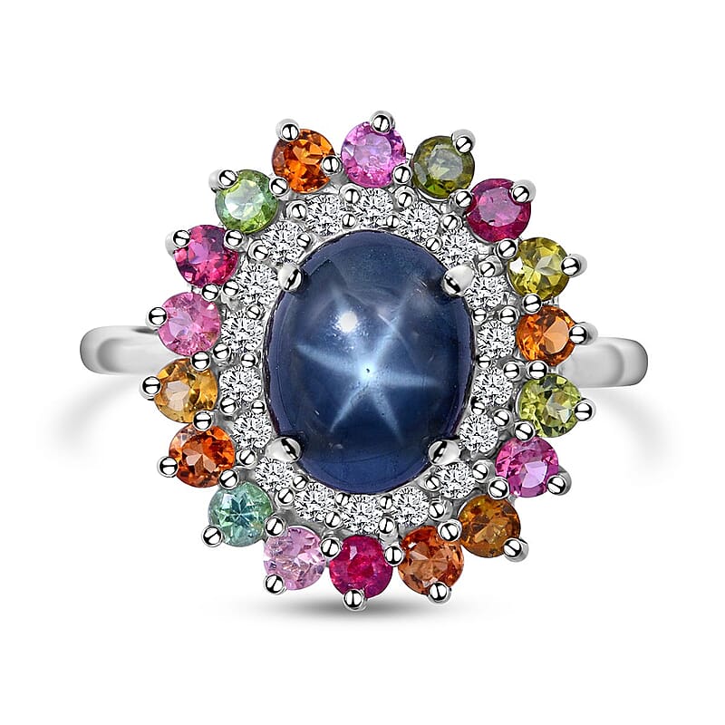 Blue Star Sapphire (DF) and Multi Gemstone Cocktail Ring in Platinum Over Sterling Silver (Size 10.0) 6.20 ctw