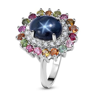 Blue Star Sapphire (DF) and Multi Gemstone Cocktail Ring in Platinum Over Sterling Silver (Size 10.0) 6.20 ctw