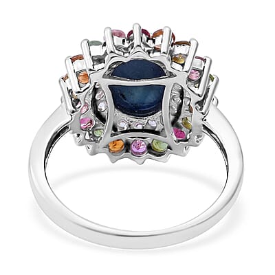 Blue Star Sapphire (DF) and Multi Gemstone Cocktail Ring in Platinum Over Sterling Silver (Size 10.0) 6.20 ctw
