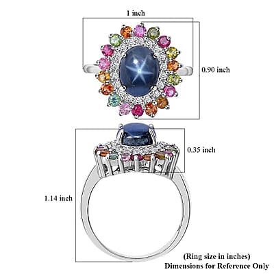 Blue Star Sapphire (DF) and Multi Gemstone Cocktail Ring in Platinum Over Sterling Silver (Size 10.0) 6.20 ctw