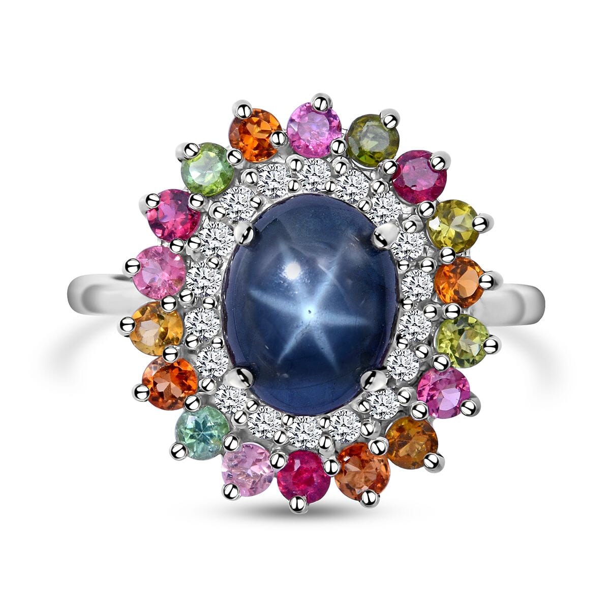 Blue Star Sapphire (DF) and Multi Gemstone Cocktail Ring in Platinum Over Sterling Silver (Size 8.0) 6.20 ctw image number 0