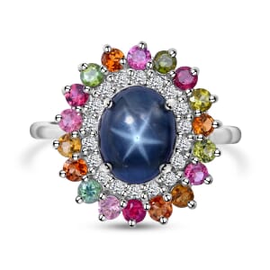 Blue Star Sapphire (DF) and Multi Gemstone Cocktail Ring in Platinum Over Sterling Silver (Size 8.0) 6.20 ctw