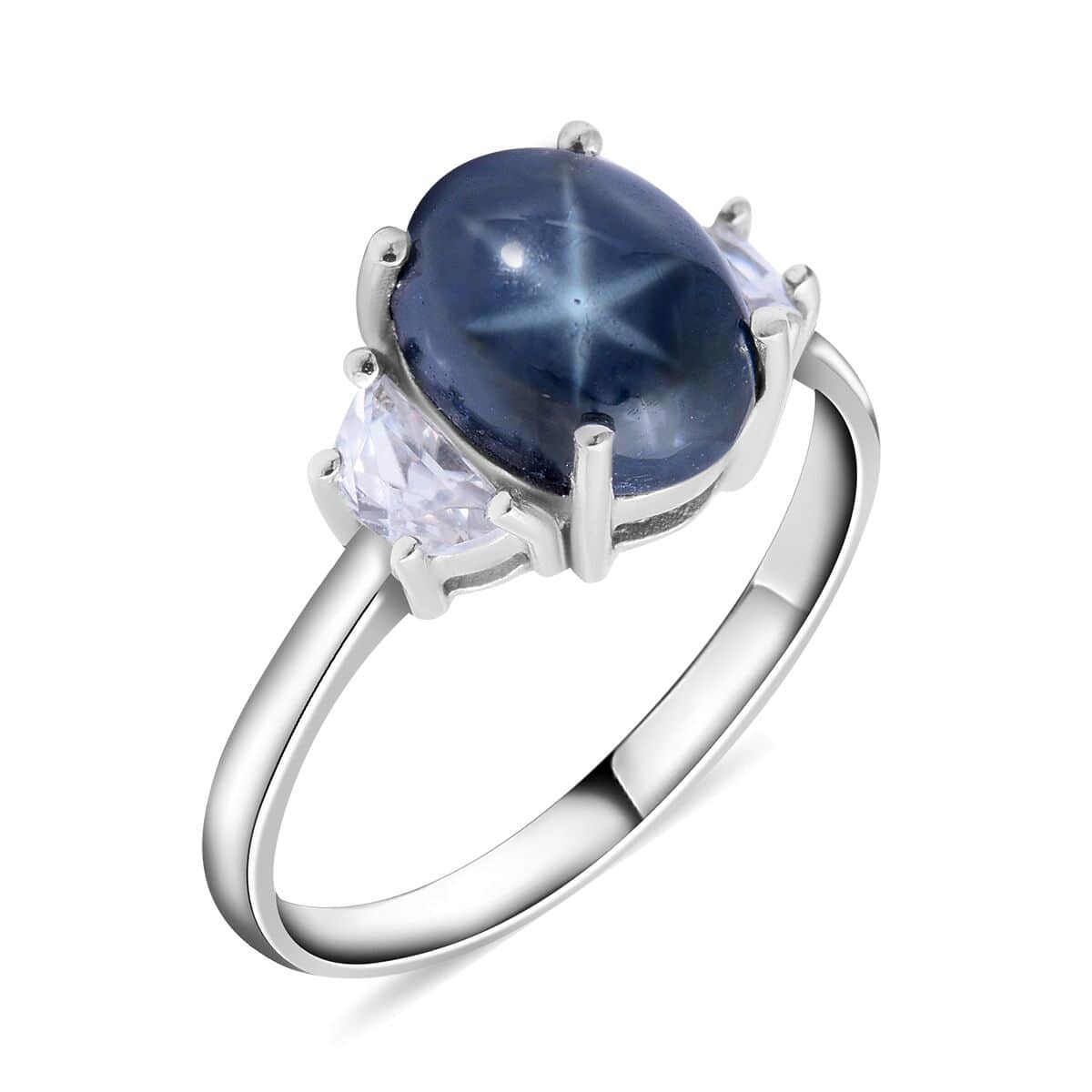 Thai Blue Star Sapphire and Natural White Zircon Ring in Platinum Over Sterling Silver (Size 10.0) 3.90 ctw image number 0