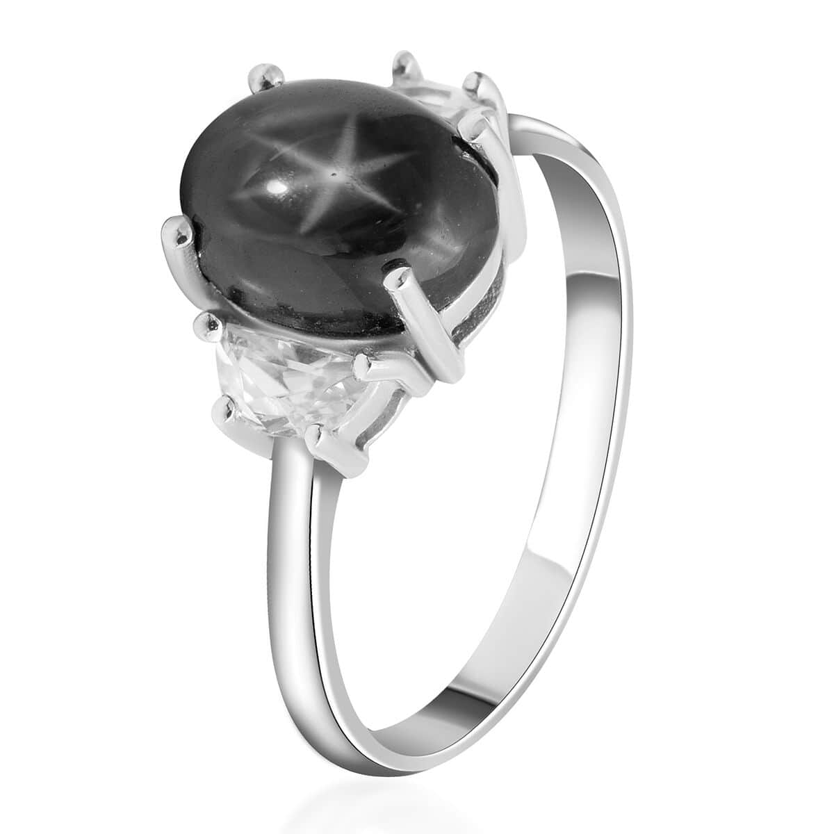 Thai Blue Star Sapphire and Natural White Zircon Ring in Platinum Over Sterling Silver 3.90 ctw image number 2