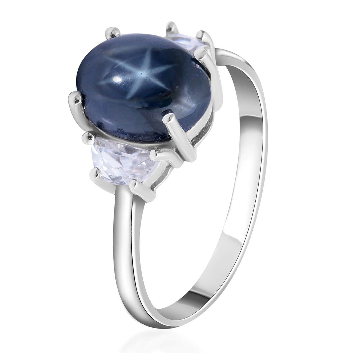 Thai Blue Star Sapphire and Natural White Zircon Ring in Platinum Over Sterling Silver (Size 7.0) 3.90 ctw image number 2