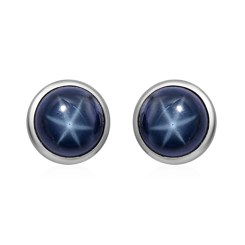 Blue Star Sapphire Stud Earrings in Platinum Over Sterling Silver 3.00 ctw