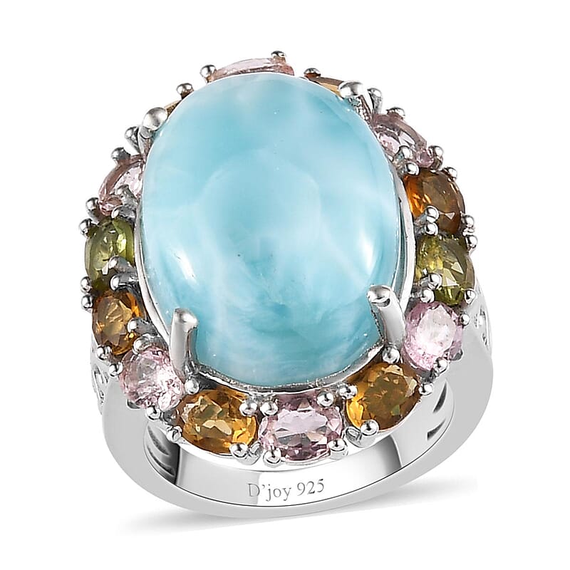 Larimar and Multi-Tourmaline Halo Ring in Platinum Over Sterling Silver (Size 10.0) 15.85 ctw