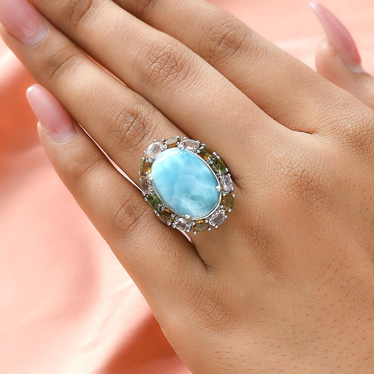 Larimar and Multi-Tourmaline Halo Ring in Platinum Over Sterling Silver (Size 10.0) 15.85 ctw