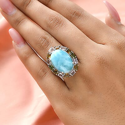 Larimar and Multi-Tourmaline Halo Ring in Platinum Over Sterling Silver (Size 10.0) 15.85 ctw