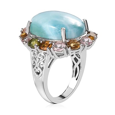 Larimar and Multi-Tourmaline Halo Ring in Platinum Over Sterling Silver (Size 10.0) 15.85 ctw