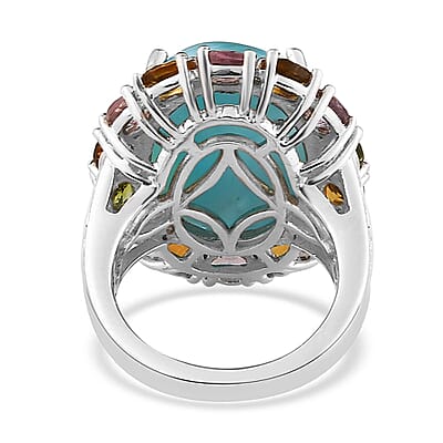 Larimar and Multi-Tourmaline Halo Ring in Platinum Over Sterling Silver (Size 10.0) 15.85 ctw