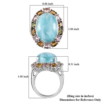 Larimar and Multi-Tourmaline Halo Ring in Platinum Over Sterling Silver (Size 10.0) 15.85 ctw