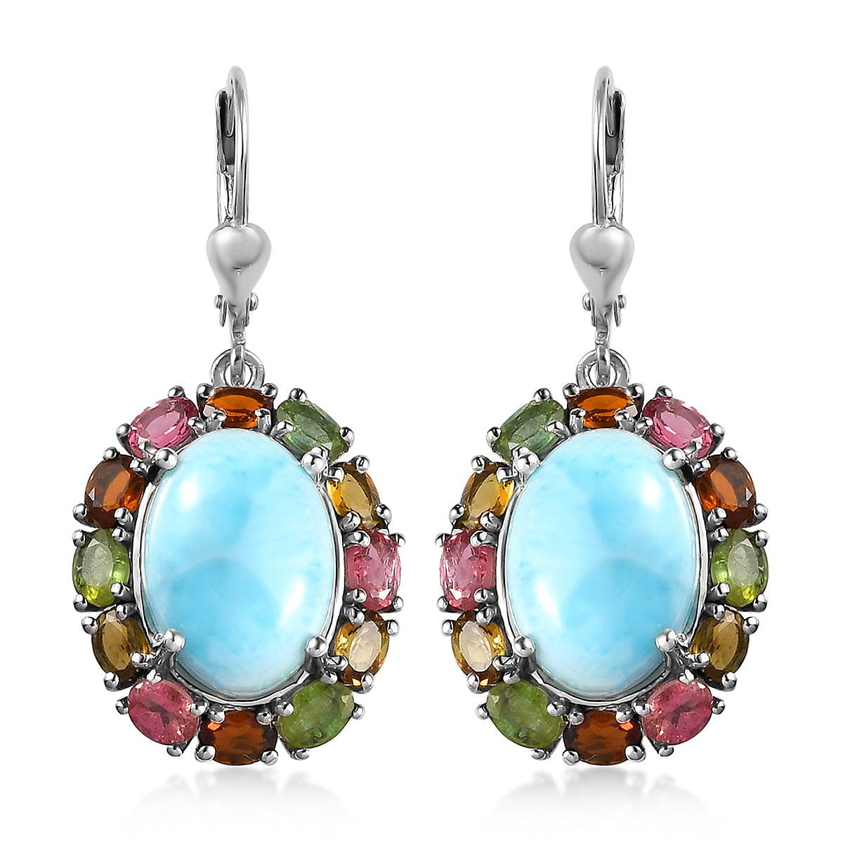 Larimar and Multi-Tourmaline Lever Back Earrings in Platinum Over Sterling Silver 16.10 ctw
