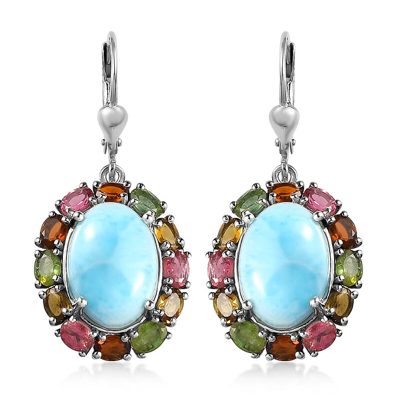 Larimar and Multi-Tourmaline Lever Back Earrings in Platinum Over Sterling Silver 16.10 ctw