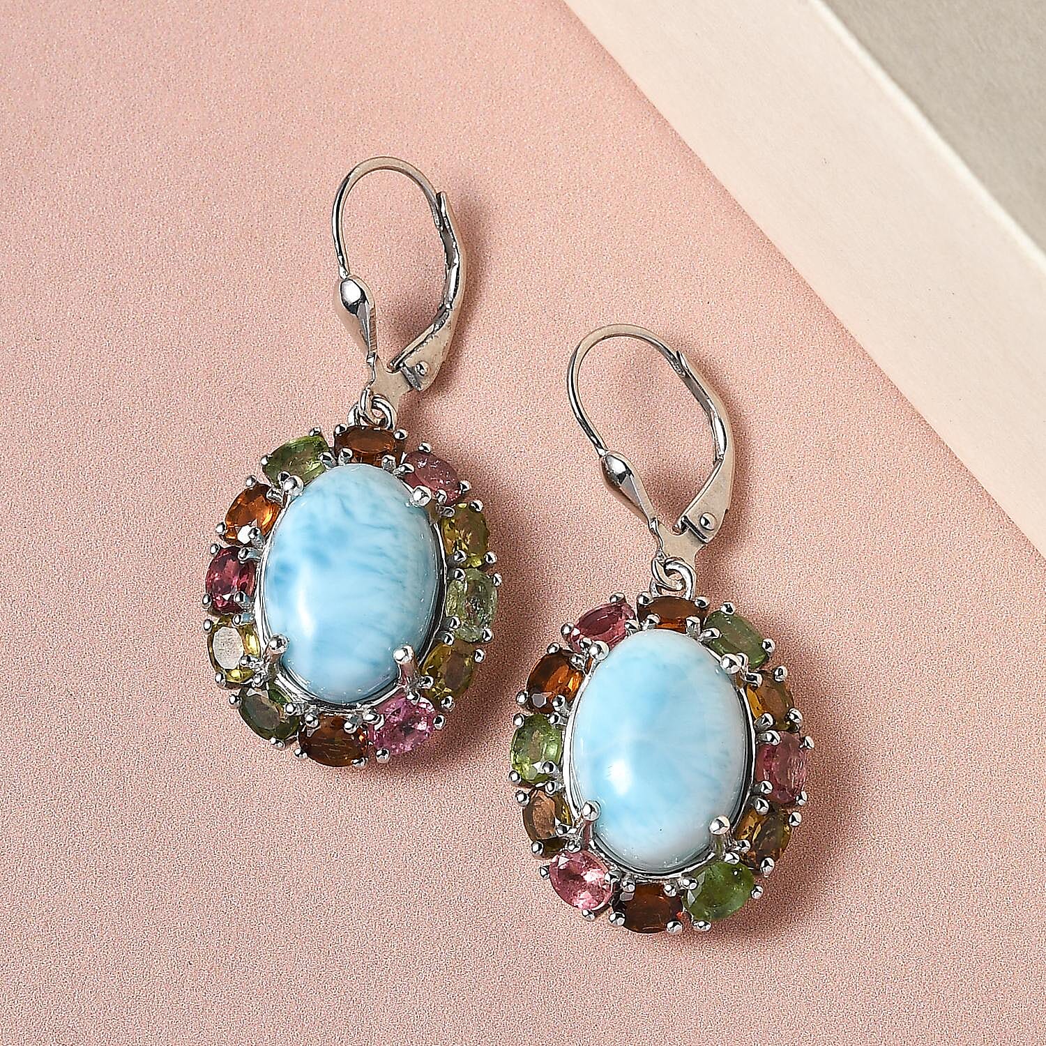 Larimar and Multi-Tourmaline Lever Back Earrings in Platinum Over Sterling Silver 16.10 ctw