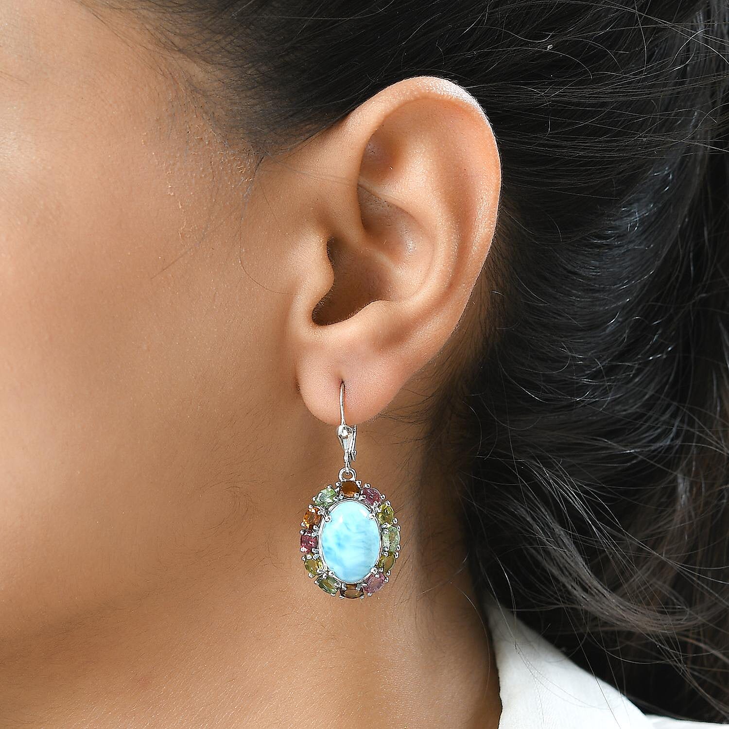 Larimar and Multi-Tourmaline Lever Back Earrings in Platinum Over Sterling Silver 16.10 ctw