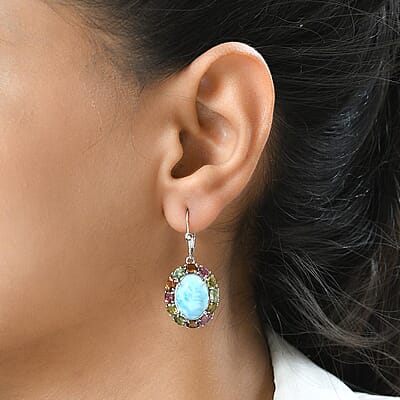 Larimar and Multi-Tourmaline Lever Back Earrings in Platinum Over Sterling Silver 16.10 ctw