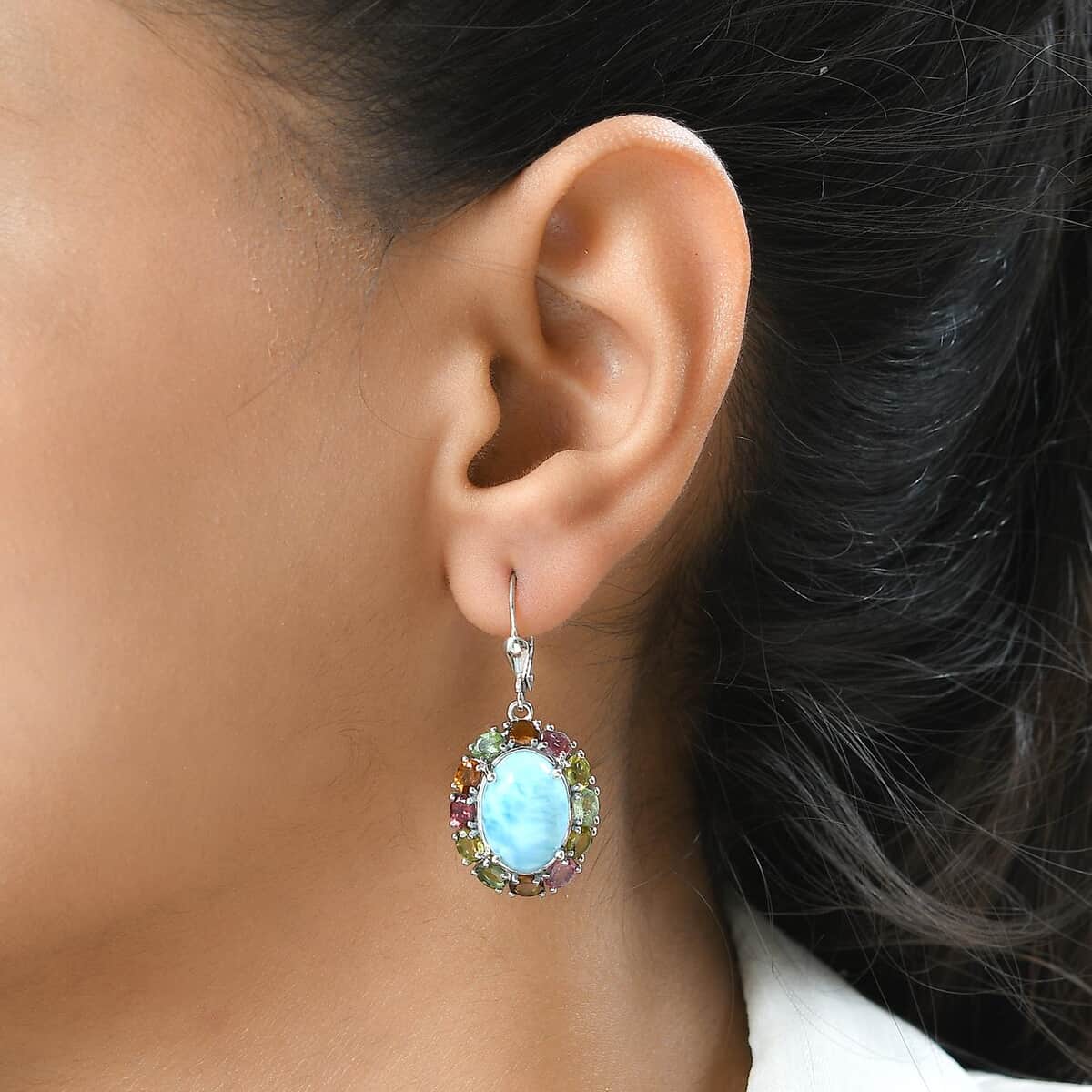 Larimar and Multi-Tourmaline Lever Back Earrings in Platinum Over Sterling Silver 16.10 ctw image number 2