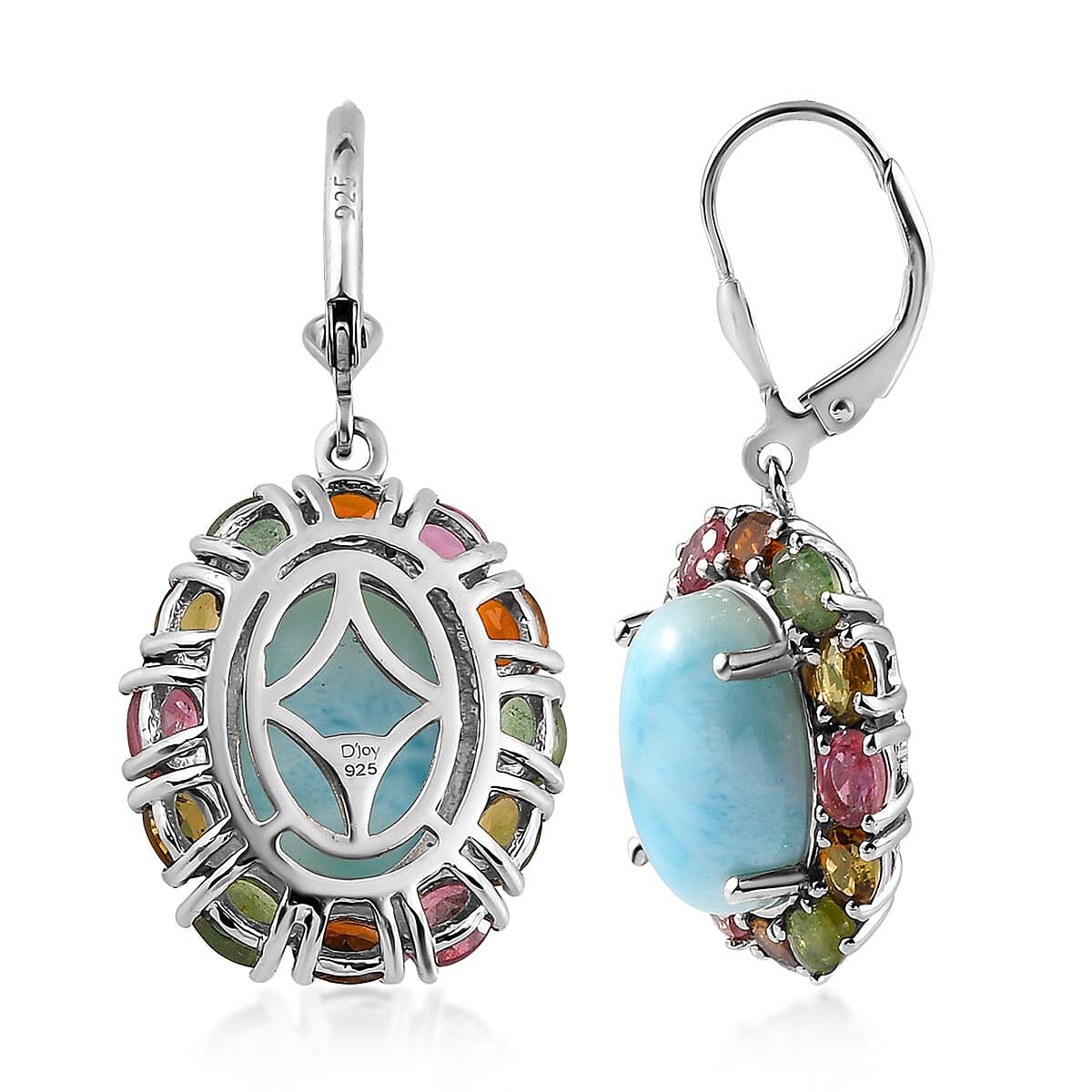 Larimar and Multi-Tourmaline Lever Back Earrings in Platinum Over Sterling Silver 16.10 ctw