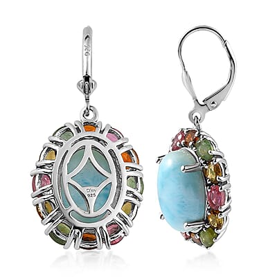 Larimar and Multi-Tourmaline Lever Back Earrings in Platinum Over Sterling Silver 16.10 ctw
