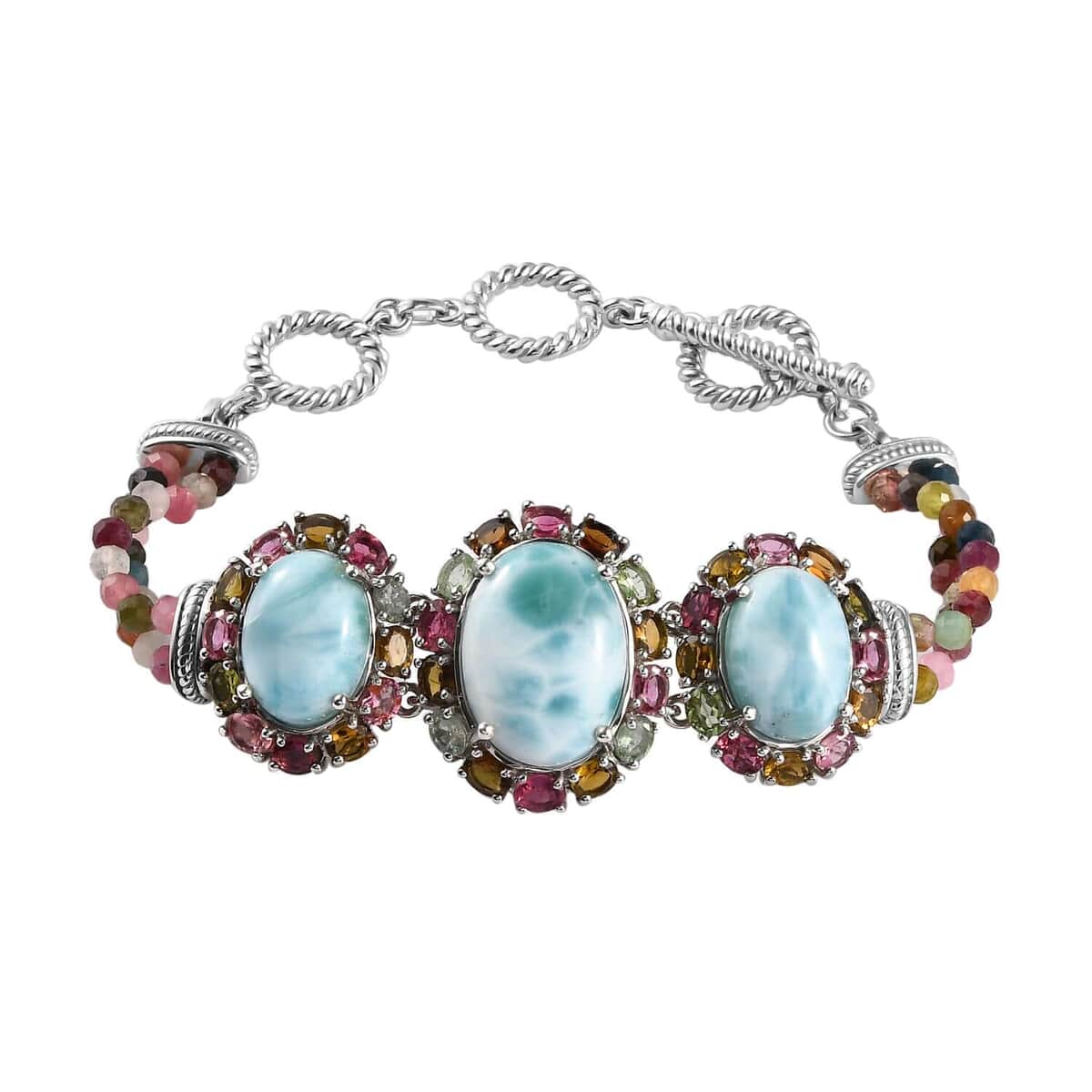 Larimar and Multi-Tourmaline Toggle Clasp Bracelet in Platinum Over Sterling Silver (6.50-8.00In) 42.35 ctw image number 0