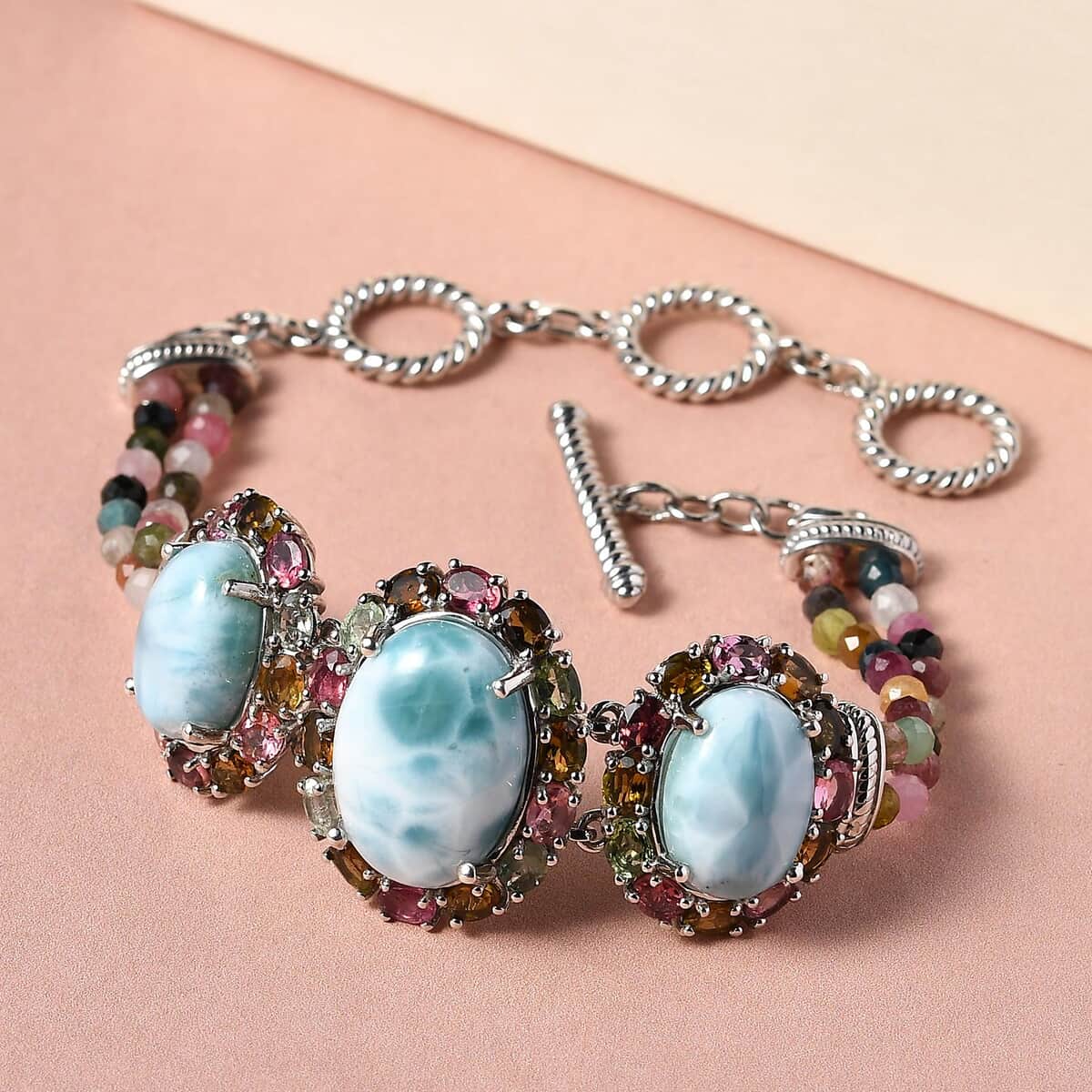 Larimar and Multi-Tourmaline Toggle Clasp Bracelet in Platinum Over Sterling Silver (6.50-8.00In) 42.35 ctw image number 1