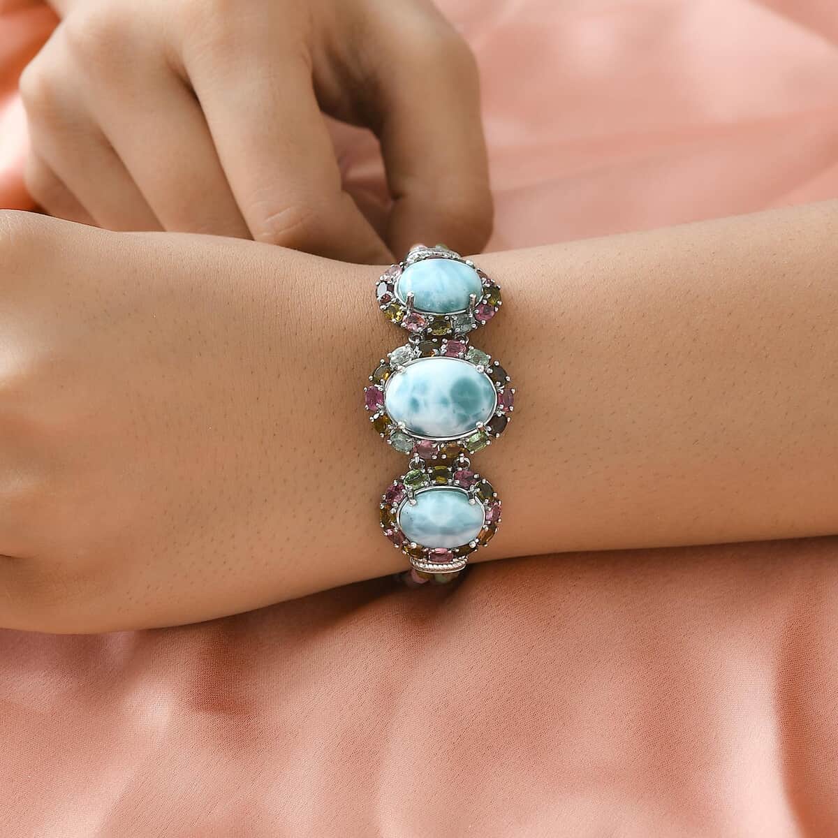 Larimar and Multi-Tourmaline Toggle Clasp Bracelet in Platinum Over Sterling Silver (6.50-8.00In) 42.35 ctw image number 2