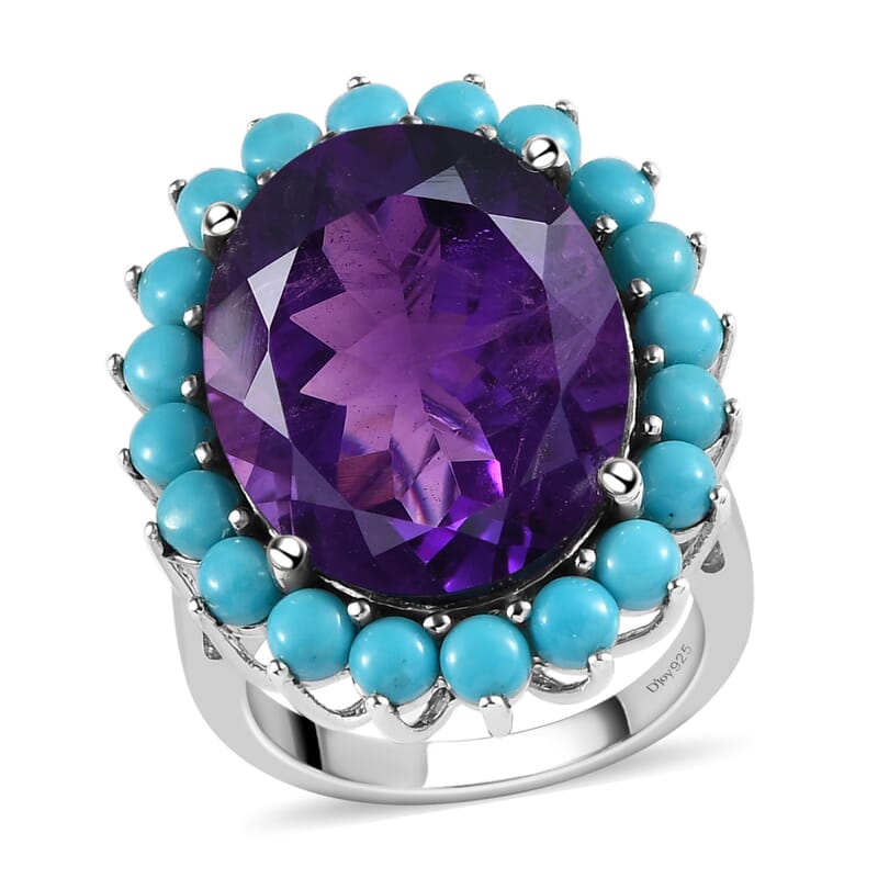 African Amethyst and Natural Sleeping Beauty Turquoise Floral Ring in Platinum Over Sterling Silver (Size 10.0) 19.00 ctw