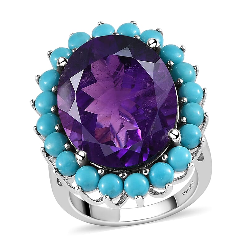 African Amethyst and Natural Sleeping Beauty Turquoise Floral Ring in Platinum Over Sterling Silver (Size 10.0) 19.00 ctw