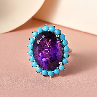 African Amethyst and Natural Sleeping Beauty Turquoise Floral Ring in Platinum Over Sterling Silver (Size 10.0) 19.00 ctw