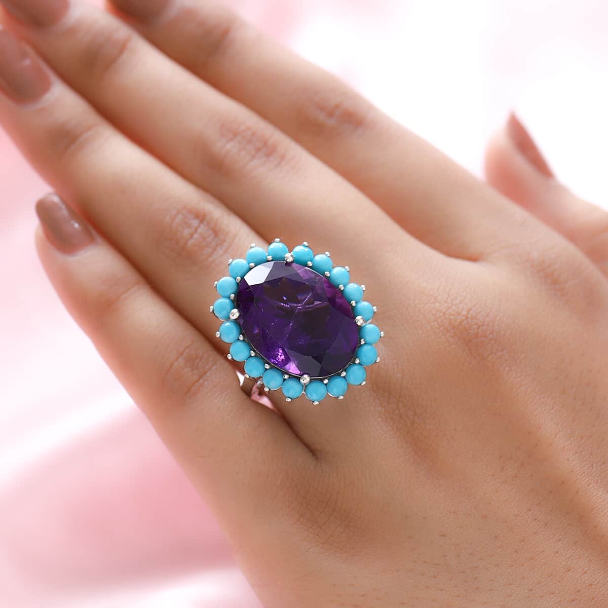 African Amethyst and Natural Sleeping Beauty Turquoise Floral Ring in Platinum Over Sterling Silver 19.00 ctw image number 2