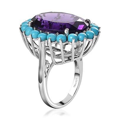 African Amethyst and Natural Sleeping Beauty Turquoise Floral Ring in Platinum Over Sterling Silver (Size 10.0) 19.00 ctw