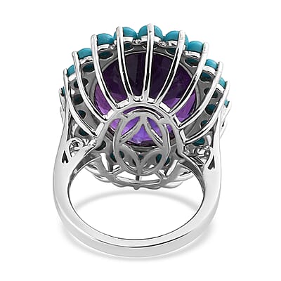 African Amethyst and Natural Sleeping Beauty Turquoise Floral Ring in Platinum Over Sterling Silver (Size 10.0) 19.00 ctw