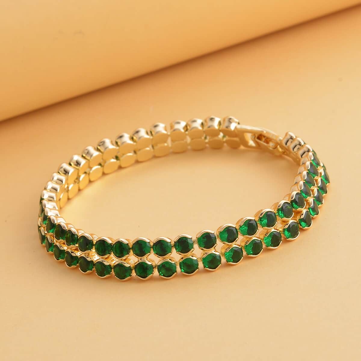 Simulated Emerald Double Row Tennis Bracelet in Goldtone (6.50 In) image number 1