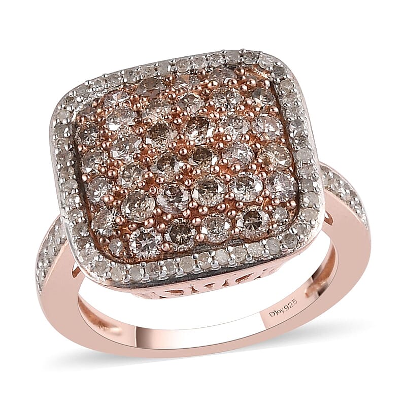 Natural Champagne and White Diamond Cluster Ring in Vermeil Rose Gold Over Sterling Silver (Size 10.0) 1.50 ctw
