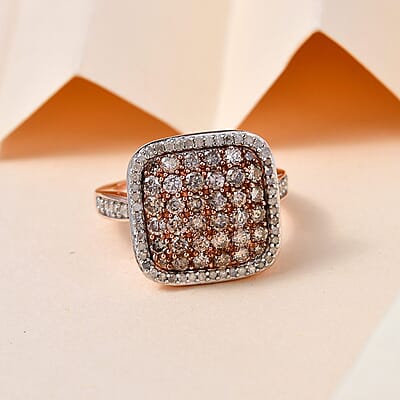 Natural Champagne and White Diamond Cluster Ring in Vermeil Rose Gold Over Sterling Silver (Size 10.0) 1.50 ctw