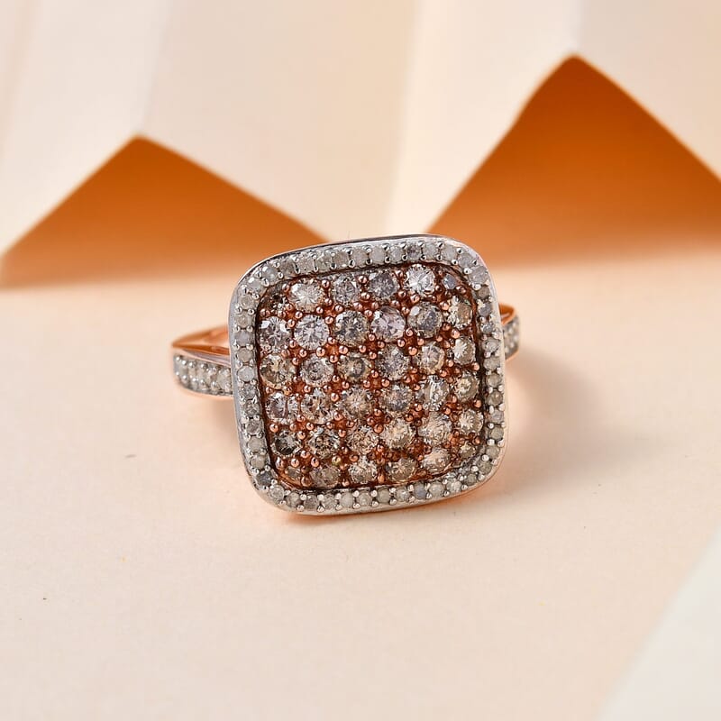 Natural Champagne and White Diamond Cluster Ring in Vermeil Rose Gold Over Sterling Silver (Size 10.0) 1.50 ctw