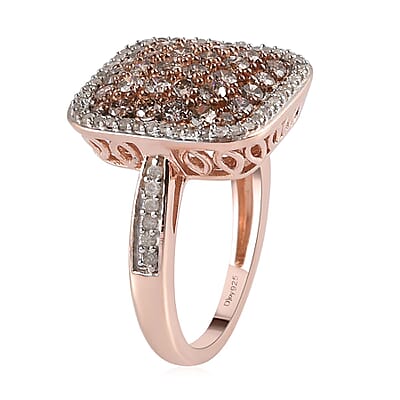Natural Champagne and White Diamond Cluster Ring in Vermeil Rose Gold Over Sterling Silver (Size 10.0) 1.50 ctw