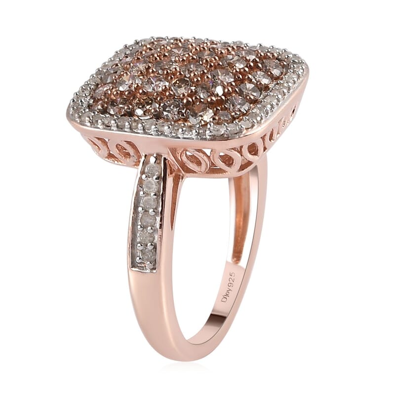 Natural Champagne and White Diamond Cluster Ring in Vermeil Rose Gold Over Sterling Silver (Size 10.0) 1.50 ctw