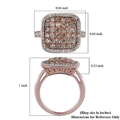 Natural Champagne and White Diamond Cluster Ring in Vermeil Rose Gold Over Sterling Silver (Size 10.0) 1.50 ctw