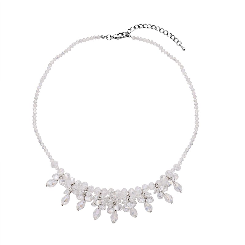 White Aurora Borealis Glass Beaded Sparkle Necklace in Silvertone 18-20 Inches
