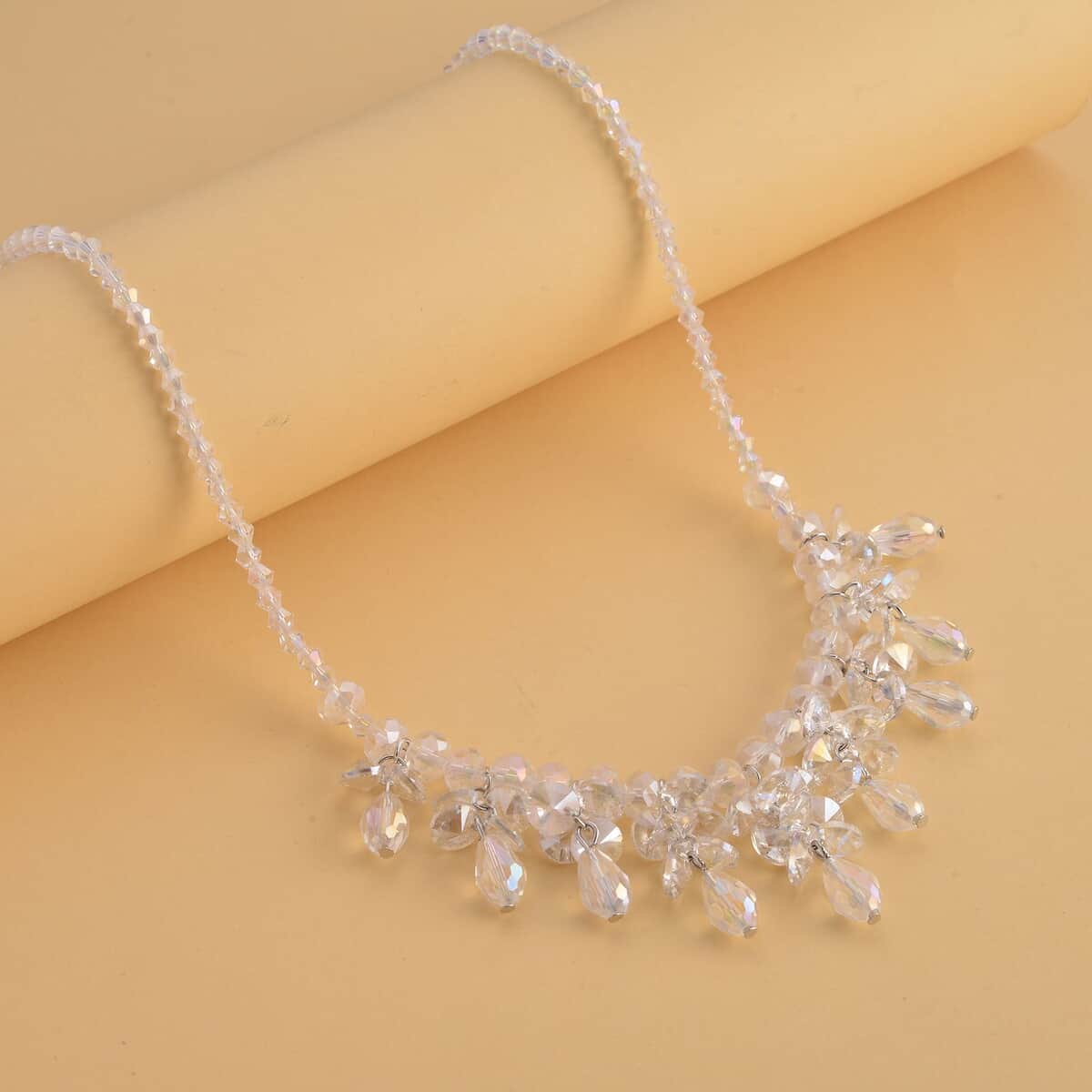 White Aurora Borealis Glass Beaded Sparkle Necklace 18-20 Inches in Silvertone image number 1