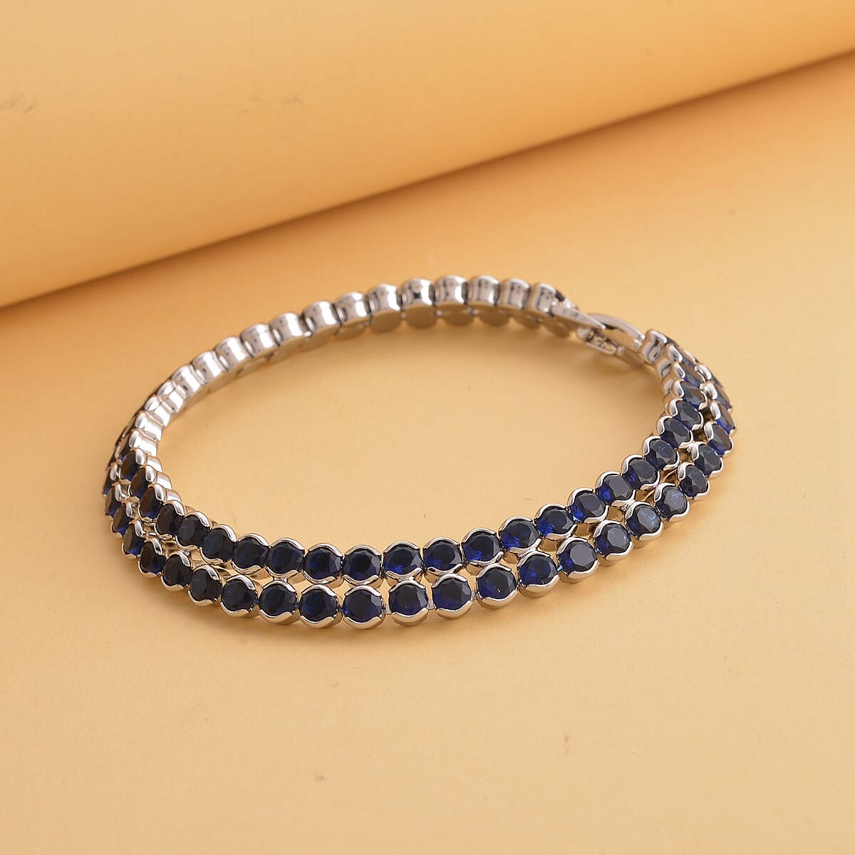 Simulated Blue Sapphire Double Row Tennis Bracelet in Silvertone (7.25 In) image number 1