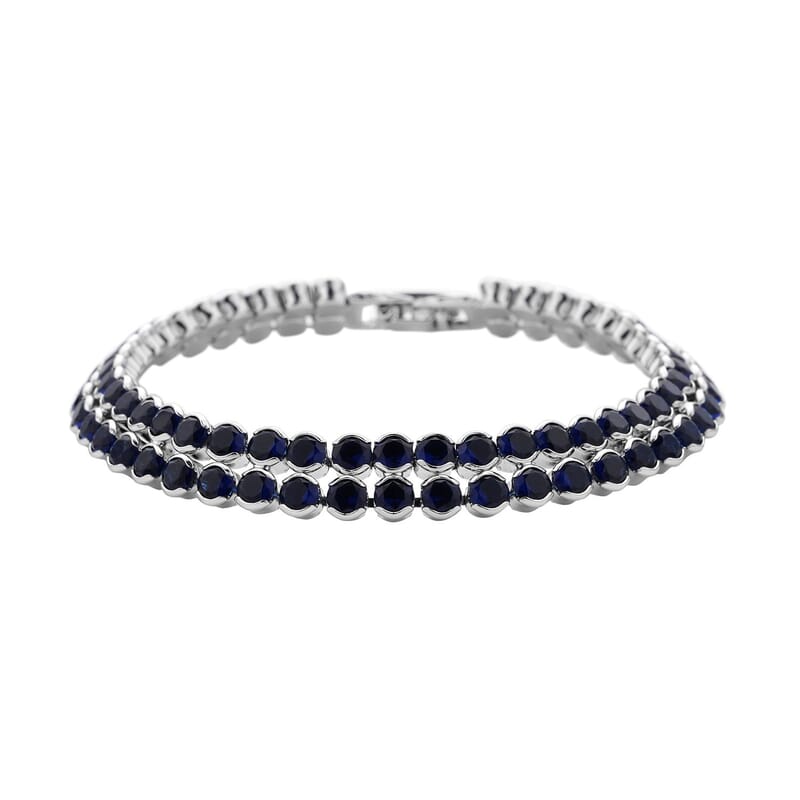 Simulated Blue Sapphire Double Row Tennis Bracelet in Silvertone (8.00 In)