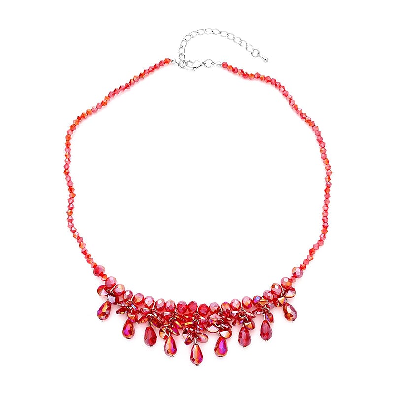 Red Aurora Borealis Glass Beaded Sparkle Necklace in Silvertone 18-20 Inches