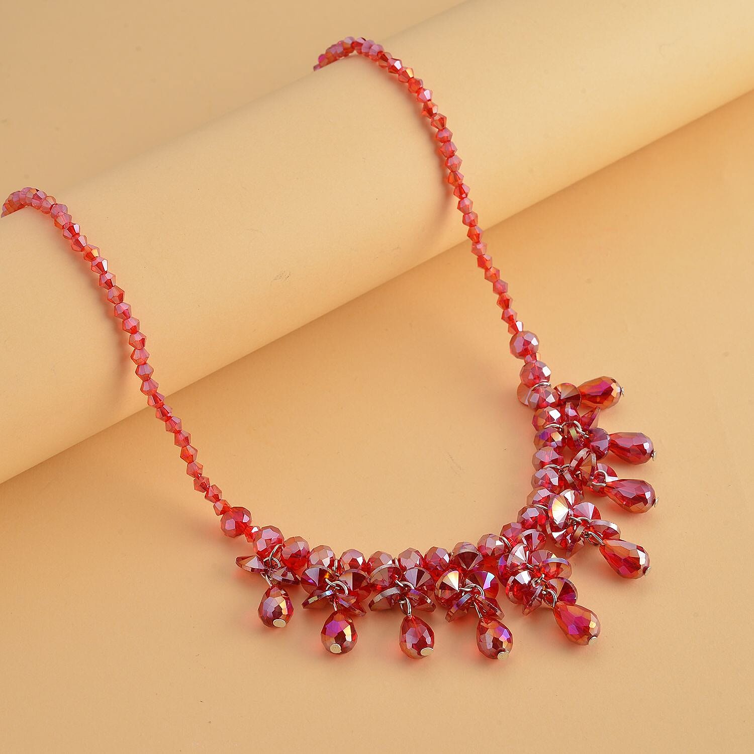 Red Aurora Borealis Glass Beaded Sparkle Necklace in Silvertone 18-20 Inches