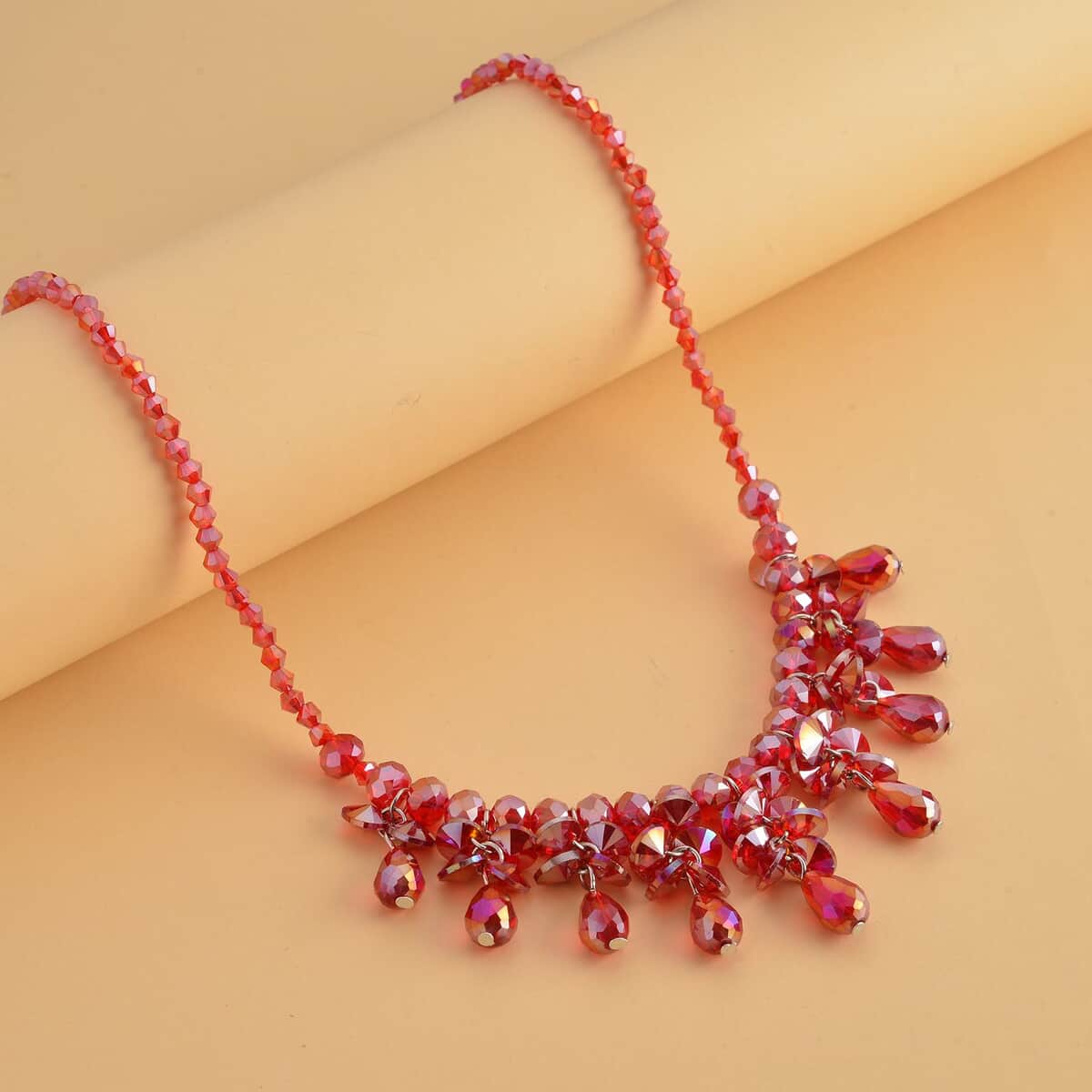 Red Aurora Borealis Glass Beaded Sparkle Necklace in Silvertone 18-20 Inches image number 1